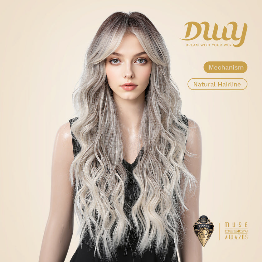 Vera-DWY Long Curly Rooted Gray Ivory Glueless Synthetic Wig