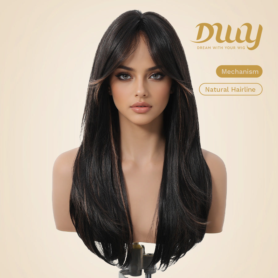 DWY 22-Inch Long Straight Black and Blonde Highlight Synthetic Wig with Bangs
