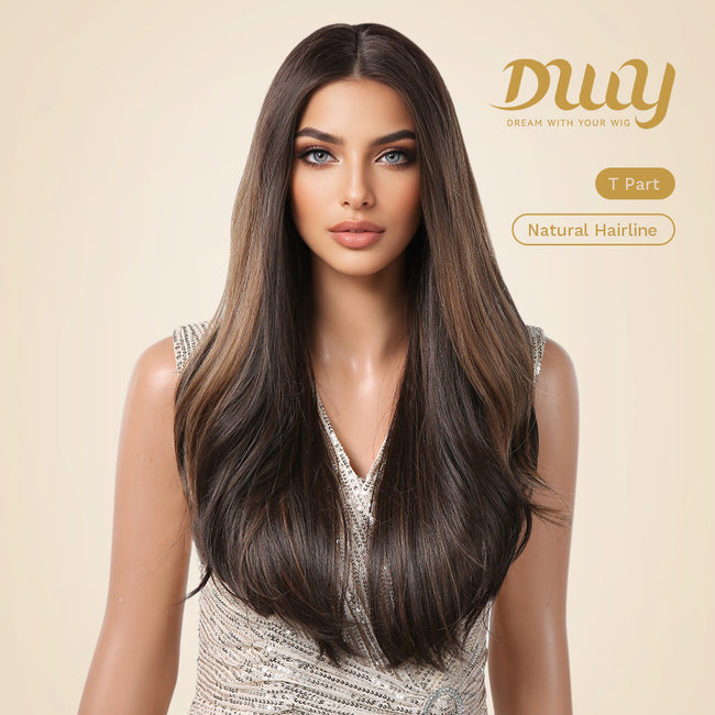 Arielle-DWY Lace Front Middle Part Long-Length Natural Wavy Dark Brown with Highlights Glueless Synthetic Wig