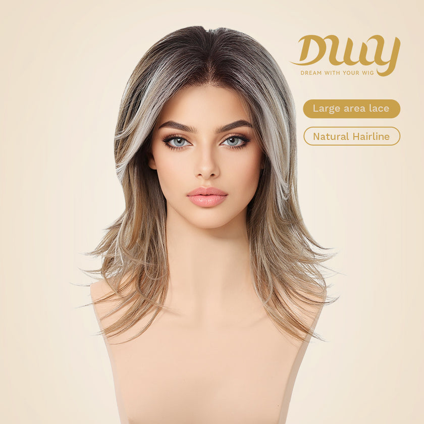 Esther C-DWY 13x4 Filter Lace Front Free Part Mid-Length Layer-cut Brown with Highlights Glueless Synthetic Wig