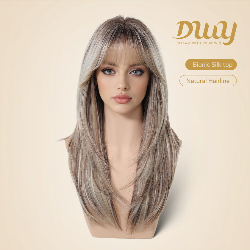 Jami - New! DWY Bionic Silk Top 22-Inch Long Layer cut Bronde Balayage Glueless Synthetic Wig with Bangs for Women High-Quality Premium Fiber Easy Wear Comfortable Fit Summer Looks