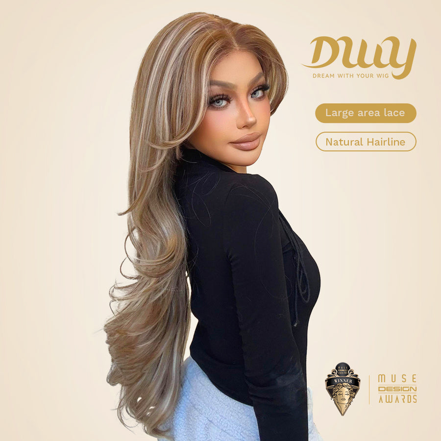 Jasmine-DWY 13×6 Lace Front Free Part Brown With Blonde Highlights Tresses Wavy Synthetic Wig 111