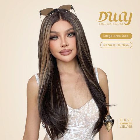 Chocolina-DWY Lace Front 13×6 Free Part Long Straight Brown With Blonde Highlights Synthetic Wig