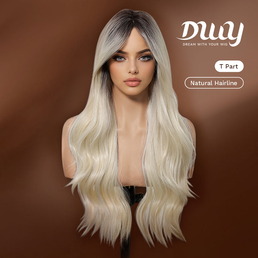 [CLEARANCE SALE] Cameron -DWY T Part Lace Front Free Part Mid-Length Straight Pearl Blonde Gradient Glueless Synthetic Wig for Women 24 Inches Lace Frontal Wig