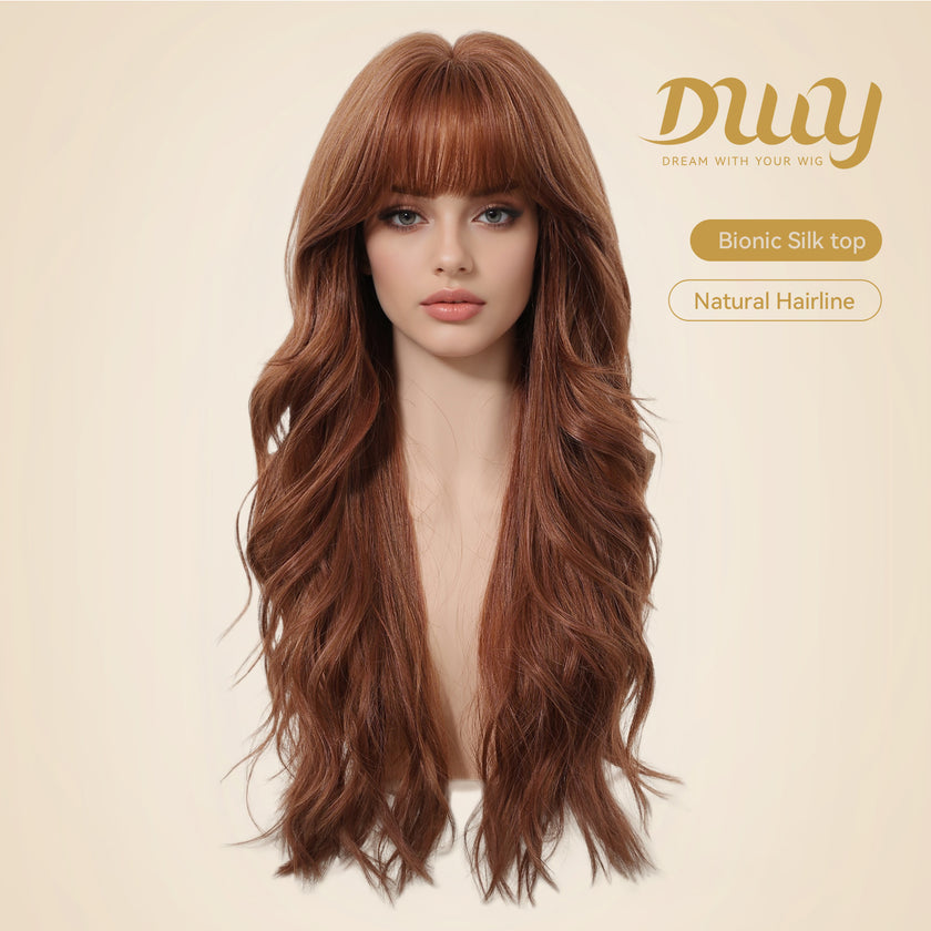 Apricot -DWY New Technology! Bionic Silk Top 24-Inch Long Wave Cowboy Copper Glueless Synthetic Wig with Bangs for Women High-Quality Premium Fiber Easy Wear Comfortable Fit