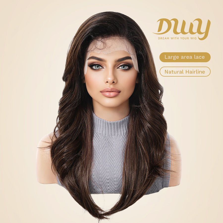 Tilly - DWY 13x6 Filter Lace Front Free Part Medium-Length Wavy Brown Black Wig with Dark Roots