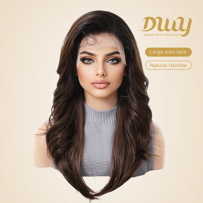 DWY Tilly - 13x6 Filter Lace Front Free Part Medium-Length Wavy Brown Black Wig with Dark Roots