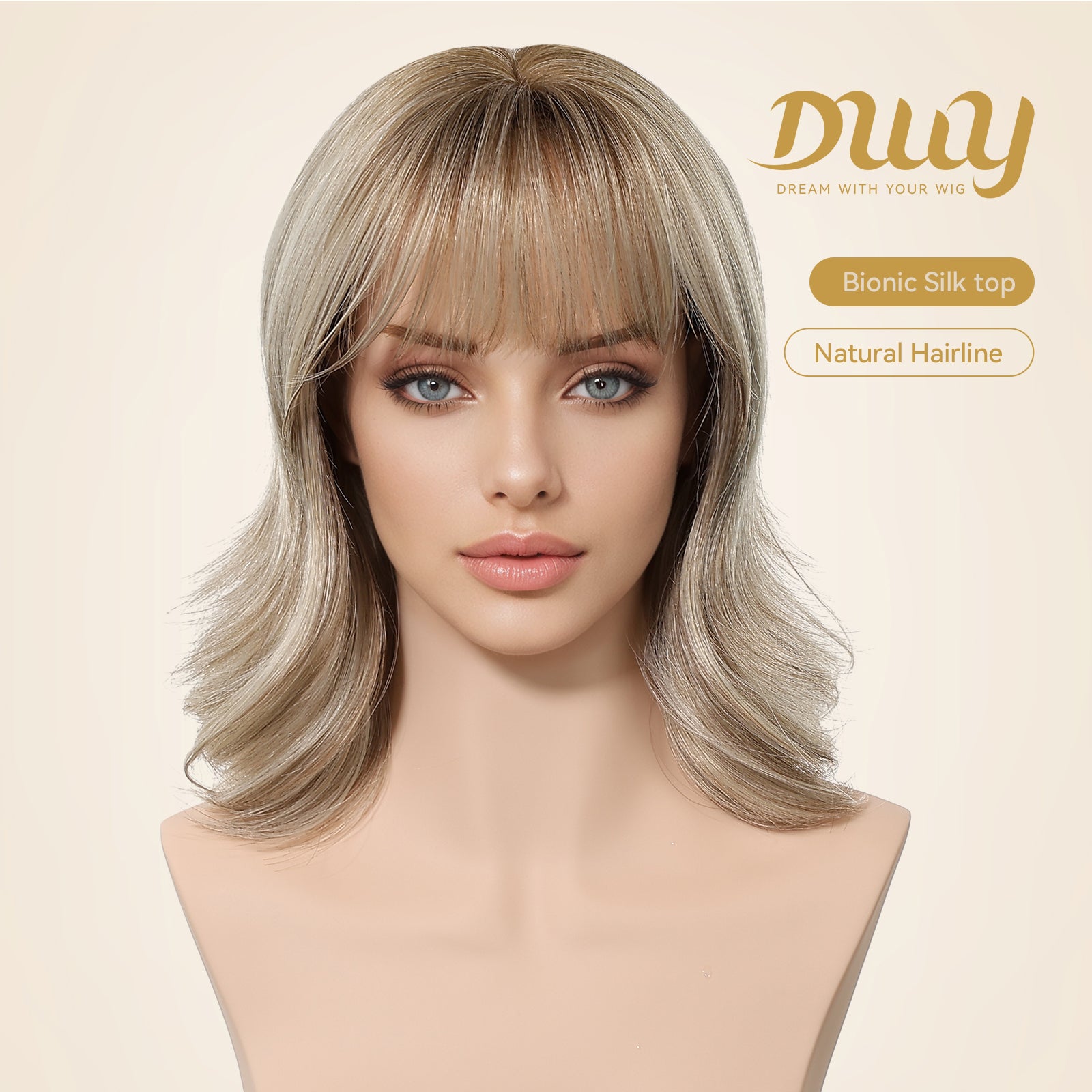 Rella C-DWY New Technology! Bionic Silk Top 12-Inch Layered Shoulder-Length Creamy Beige Blonde Glueless Synthetic Wig