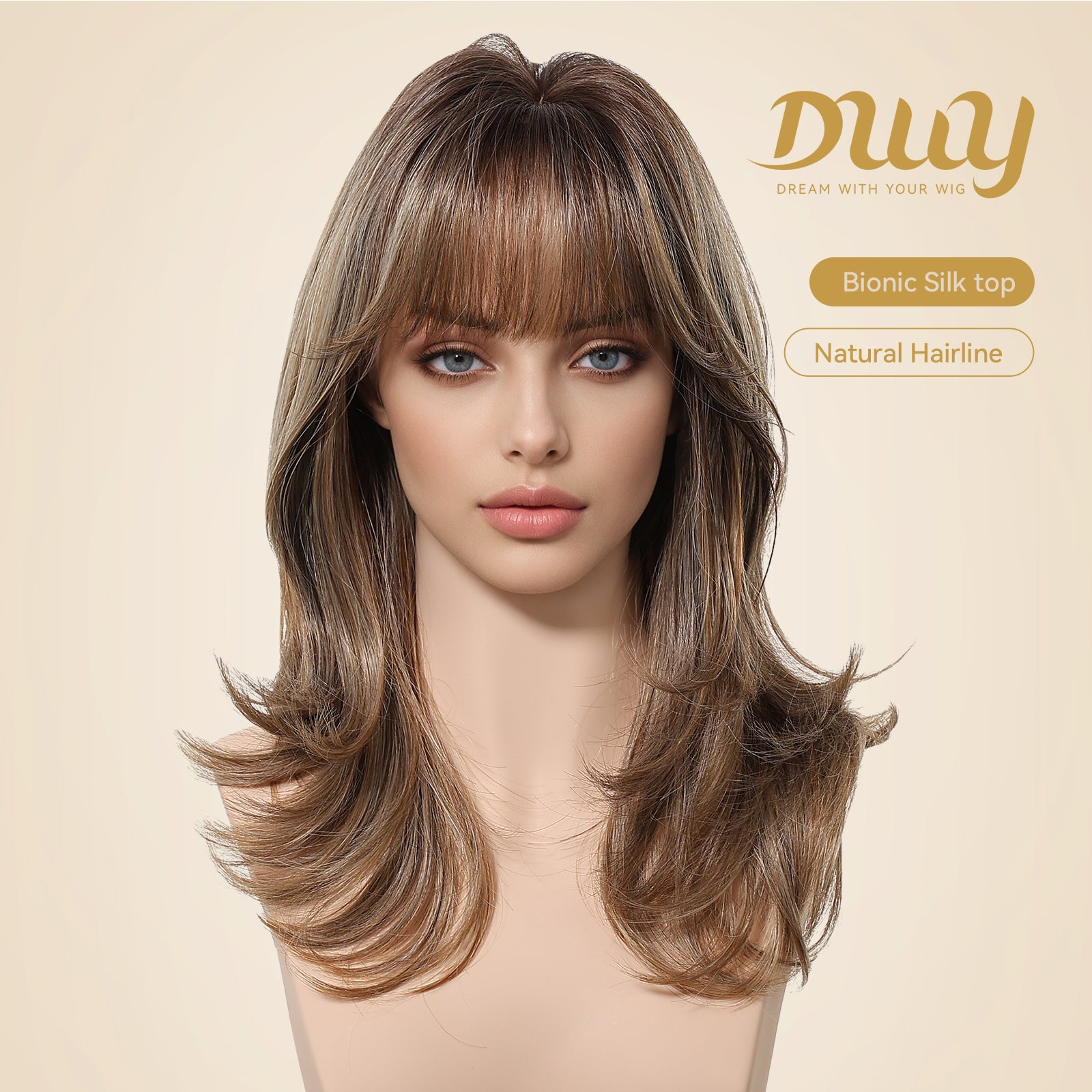 Back In Stock! Jule C-DWY New Technology! Bionic Silk Top 18-Inch Layered Shoulder-Length Caramel Latte Glueless Synthetic Wig