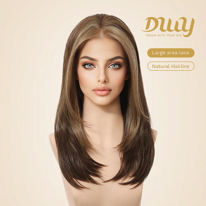 Morita-DWY Lace Front 13*4 Free Part Mid-Length Straight Brown with Highlights Glueless Synthetic Wig for Women 16 Inches