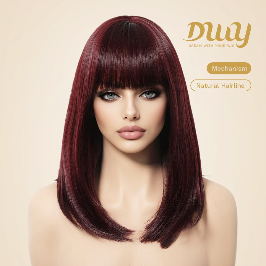 Lila-DWY Machine Made Mid-Length Straight Burgundy Glueless Synthetic Wig with Bangs for Women 14 Inches - Sleek & Modern Look