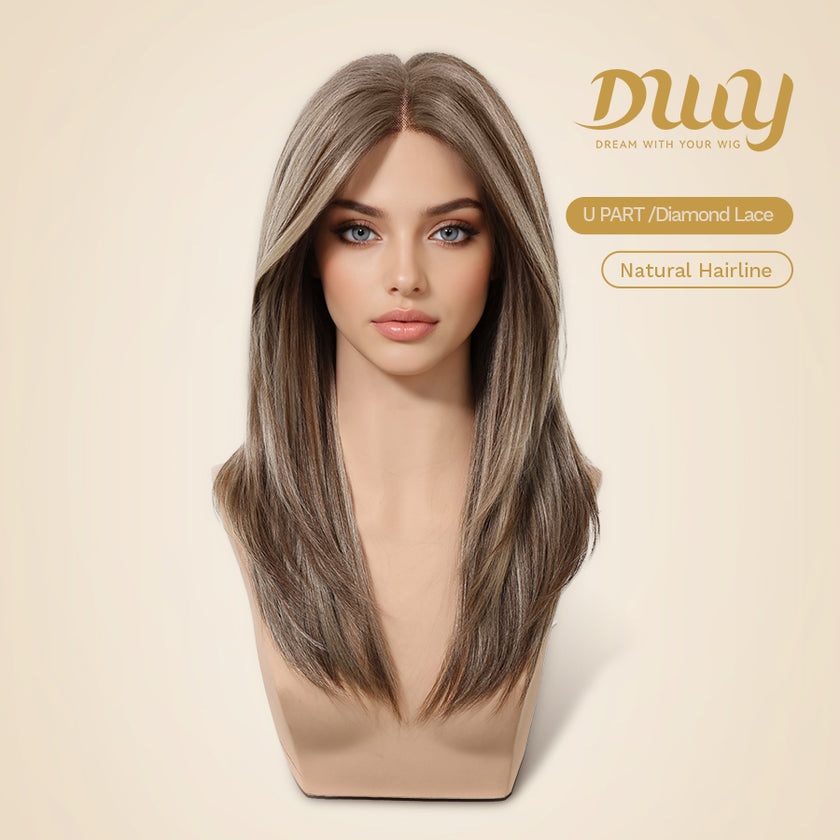 Willa- NEW! DWY Pre-cut U part Diamond Lace Long-length Lace Icy Bronde Highlighted Layer-cut Curly Hair Glueless Synthetic Wigs for Women 22 Inch