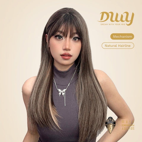 DWY MiraScalp Delia-DWY Mid Length Straight Cool Brown & Blonde Highlights Wig