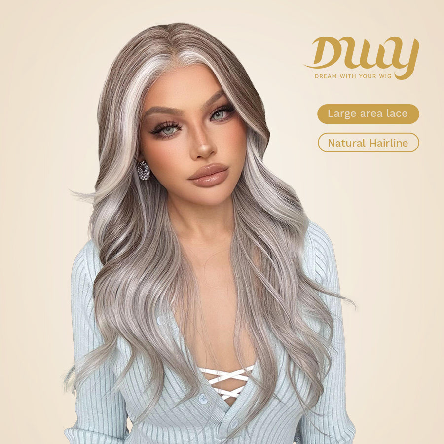 Ivy C- DWY 13×6 Lace Front Free Part Long-Length Wavy Ash Blonde Highlighted Glueless Synthetic Wig for Women 22 Inches