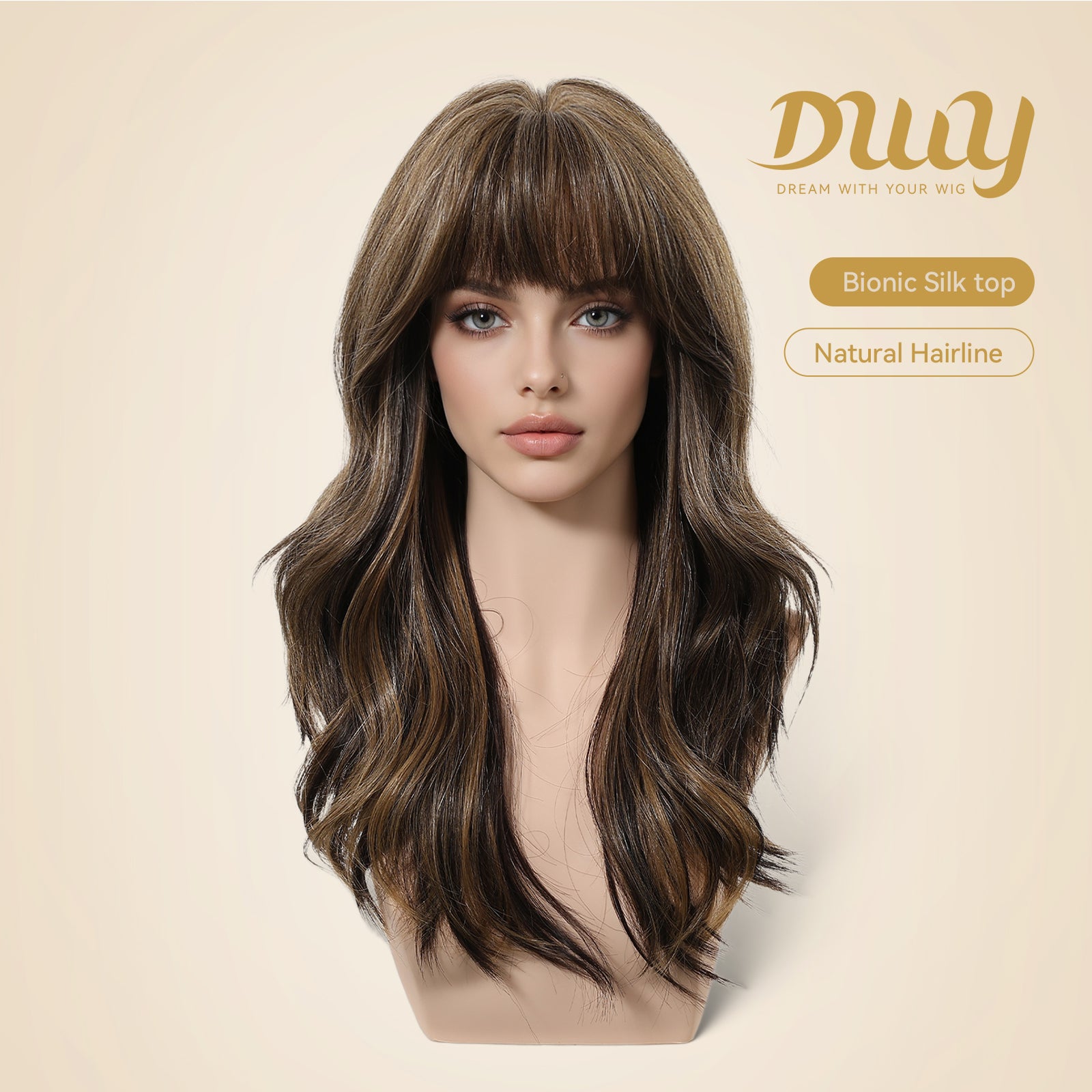 Cider - New ! DWY Bionic Silk Top 22-Inch Long Wave Bronde Balayage Glueless Synthetic Wig with Bangs for Women High-Quality Premium Fiber Easy Wear Comfortable Fit