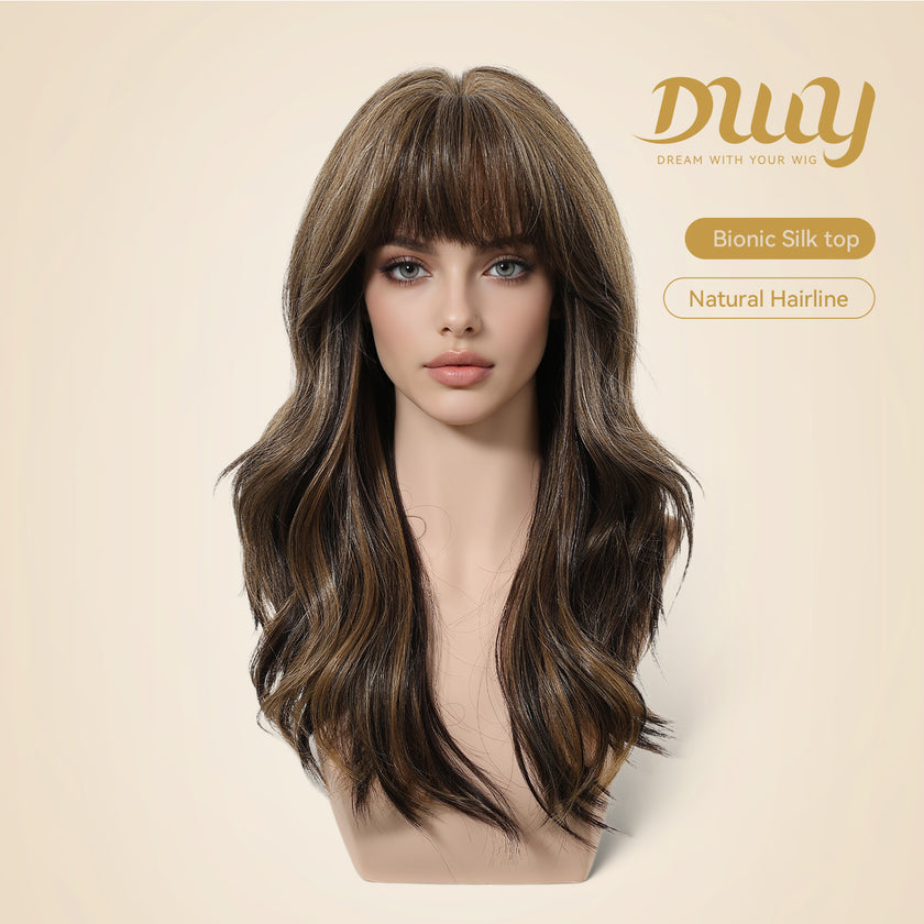 Cider - New ! DWY Bionic Silk Top 22-Inch Long Wave Bronde Balayage Glueless Synthetic Wig with Bangs for Women High-Quality Premium Fiber Easy Wear Comfortable Fit