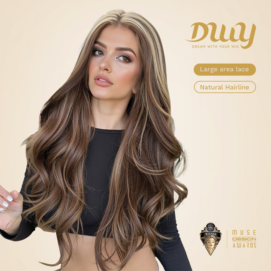 Biscuit-DWY Filter Lace 13×6 Body Waves Dark Brown Blonde Highlights Wig