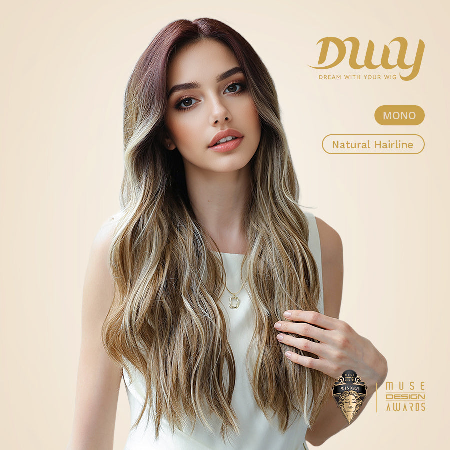Layla H-DWY Mono Lace Front Free Part Long Wavy Ombre Blonde Glueless Synthetic Wig for Women 24 Inches