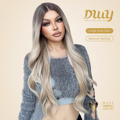 Natalie-DWY Lace Front 13×6 Rooted Blonde Wavy Free Part Synthetic Wig