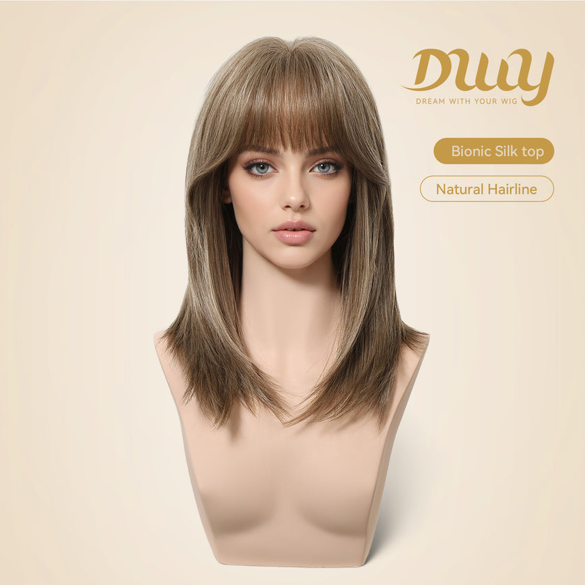 Haley C-DWY New Technology! Bionic Silk Top 16-Inch Long Wave Light Tea Brown Glueless Synthetic Wig
