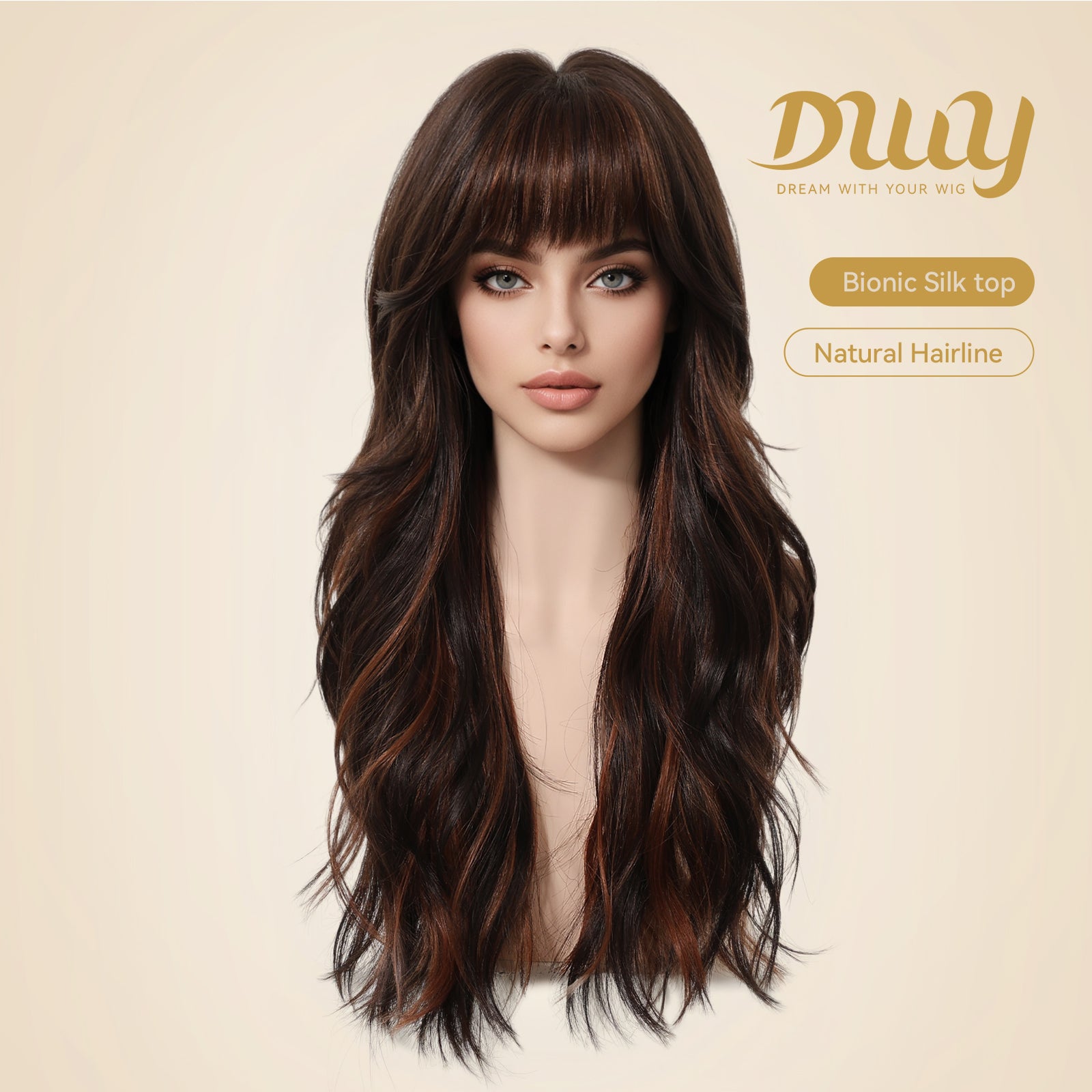 Kiya C-DWY New Technology! Bionic Silk Top Sunkiss Highlights Brown 24-Inch Long Wave Glueless Synthetic Wig
