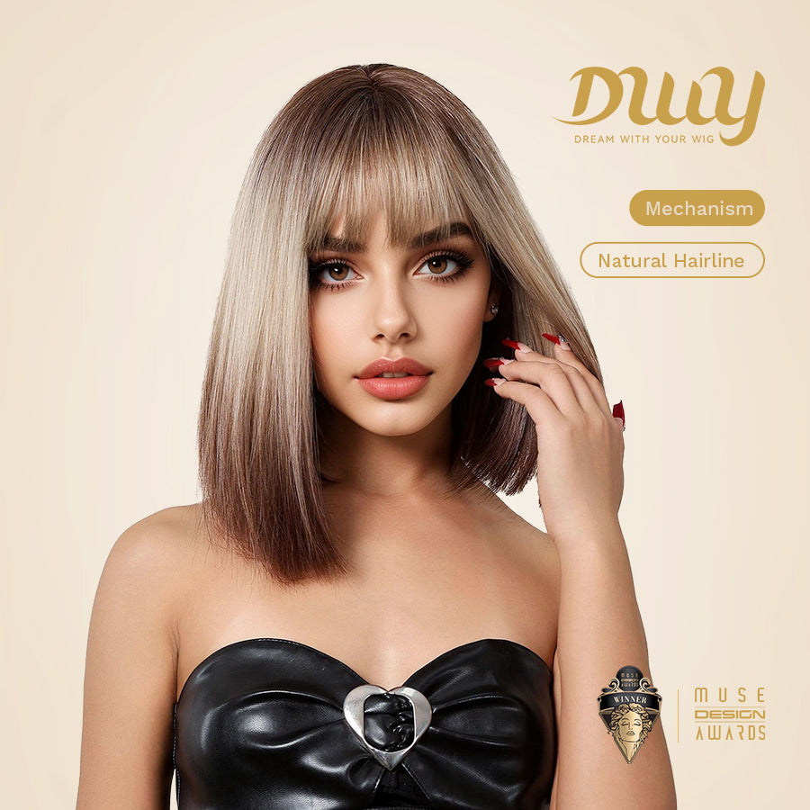 Lucille H-DWY Short Rooted Blonde with Brown Ends Natural Straight Glueless Synthetic Wig with Bangs for Women 12 Inches