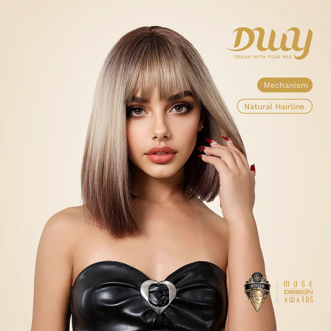 Lucille H-DWY Short Rooted Blonde with Brown Ends Natural Straight Glueless Synthetic Wig with Bangs for Women 12 Inches