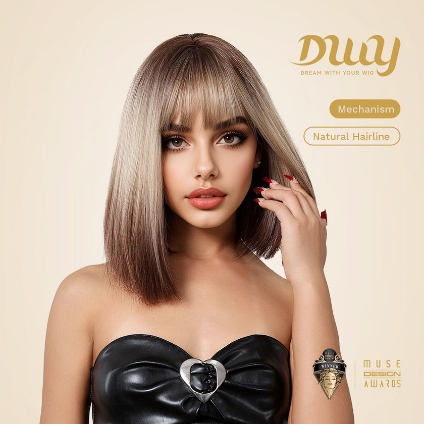 Lucille H-DWY Short Rooted Blonde with Brown Ends Natural Straight Glueless Synthetic Wig with Bangs for Women 12 Inches