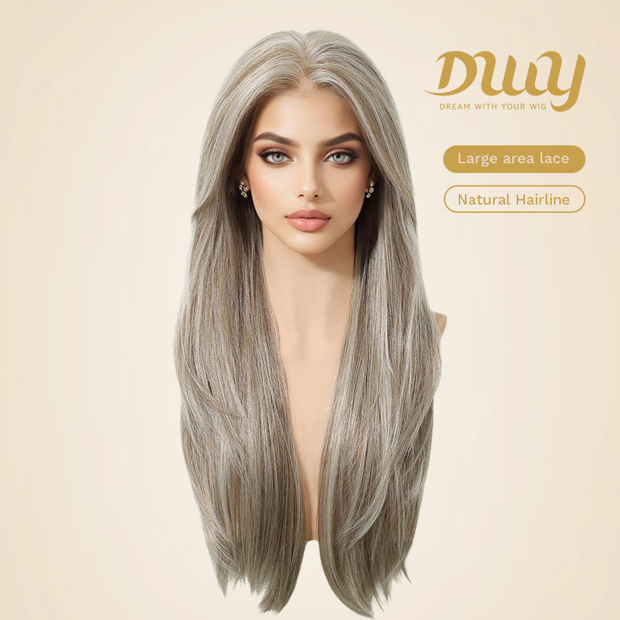 Ethel-DWY 13x6 Filter Lace Front Free Part Long Length Straight Brown with Highlights Glueless Synthetic Wig