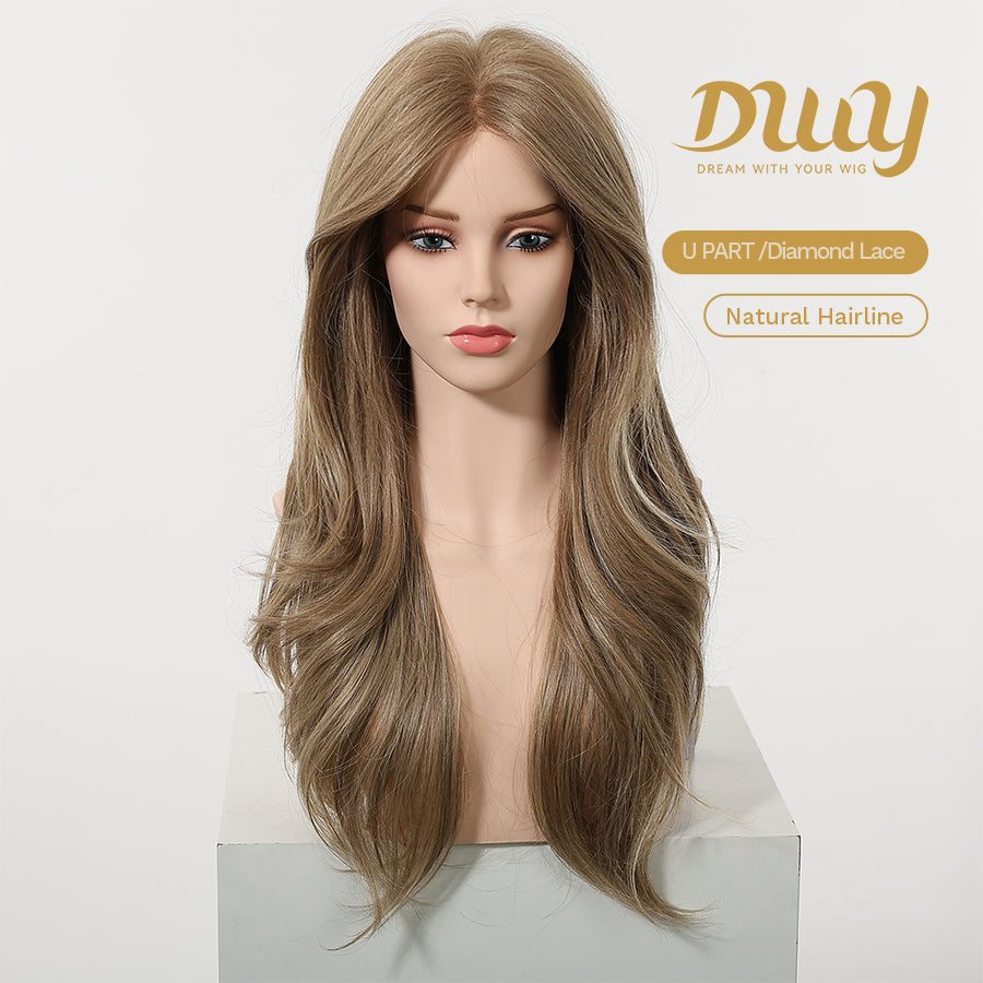 Polly- DWY Pre-cut U part Diamond Lace Long-length Lace Drity Bronde Curly Hair Glueless Synthetic Wigs for Women 24 Inch
