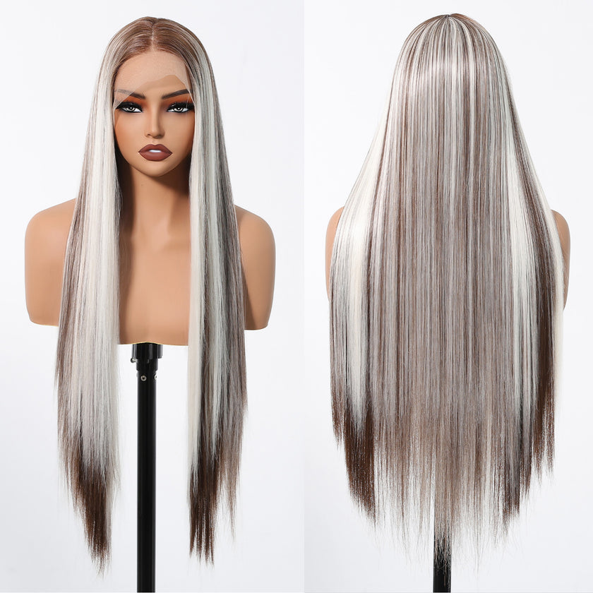 Gianna-DWY 13x6 Filter Lace Free Part Lace Front Long White Gray Silky Straight Glueless Synthetic Wig