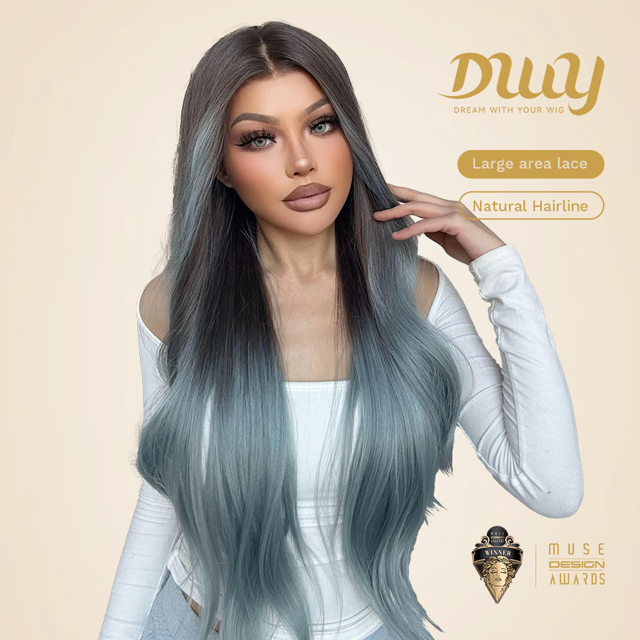 Celeste-DWY Free Part Lace Front 13×6 Ombre Light Blue Brown Wavy Synthetic Wig
