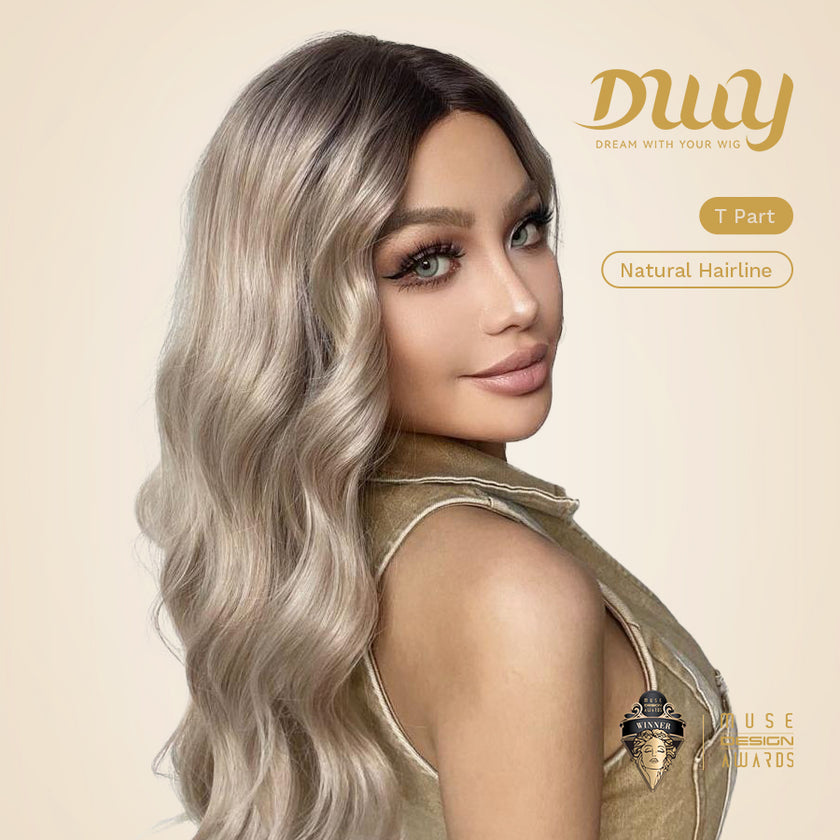 Teresa-DWY Lace Front T-Part Rooted Brown Blonde Long Wavy Synthetic Wigs