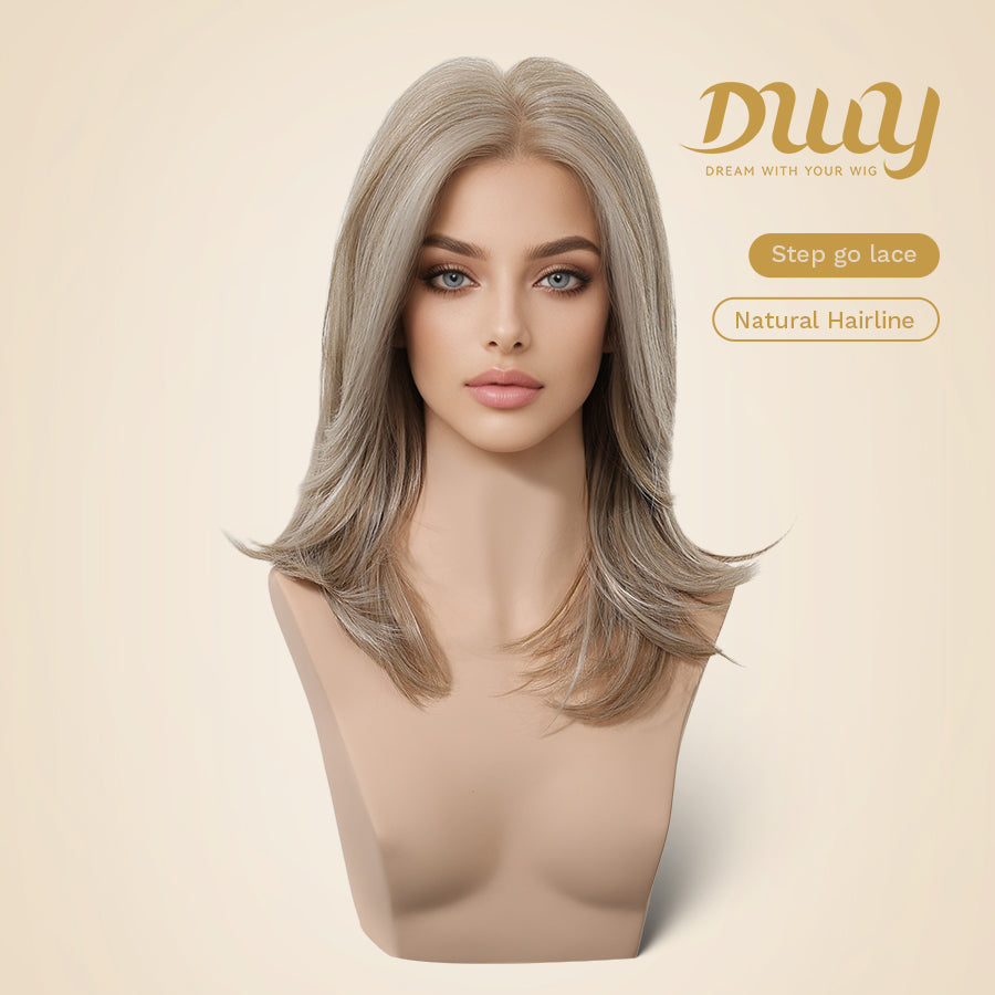 Thea-DWY NEW Step Go Lace Free Part Mid-Length Layered Mixed Blonde Highlighted Glueless Wig