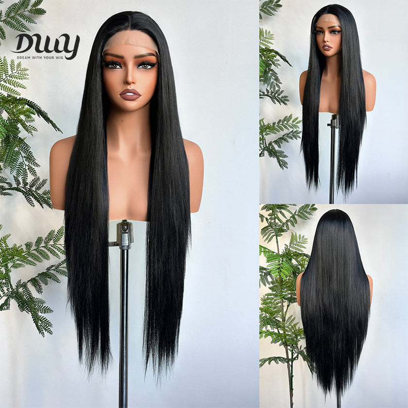 [CLEARANCE SALE] Jenner -DWY Lace Front Long Natural Black Middle Part Glueless Synthetic Wig for Women 30 Inches Straight Full Voluminous Classic Style