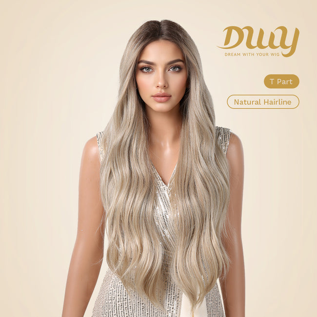 [CLEARANCE SALE] Averyl H-DWY Lace Front Middle Part Long Wavy Rooted Balayage Blonde Glueless Synthetic Wig for Women 28 Inches