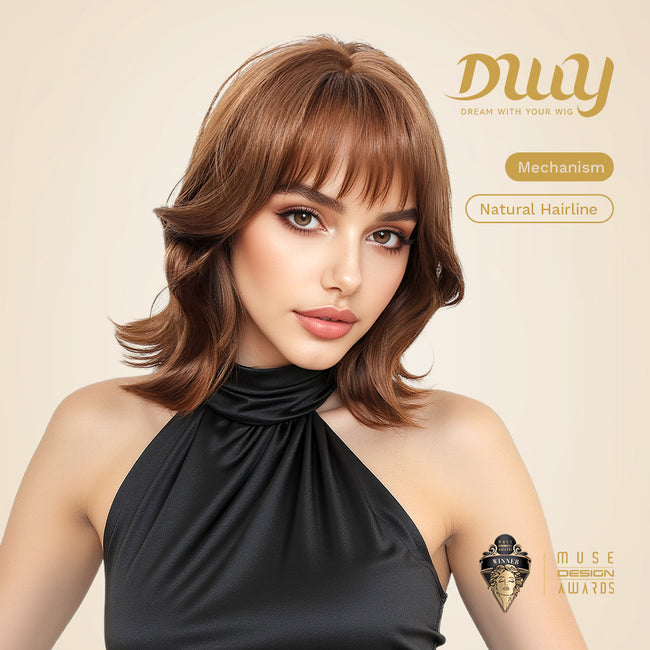 DWY Aine-DWY Short-Length Tea Brown Flip Bob Wig with Bangs Glueless Synthetic Wig