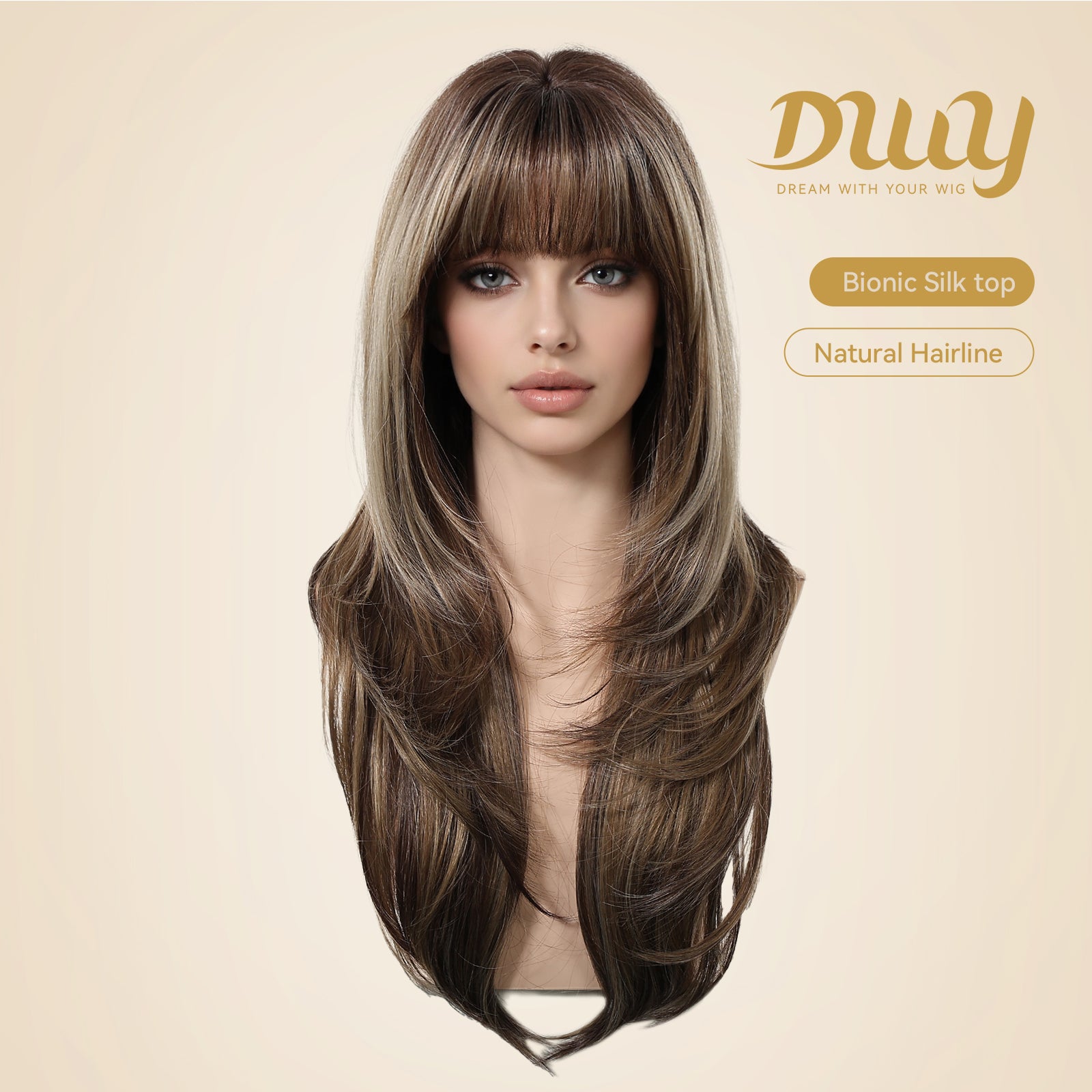 Riley- New! DWY Bionic Silk Top 26-Inch Long Body Wave Layer-cut Brown Balayage Glueless Synthetic Wig with Bangs for Women High-Quality Premium Fiber Easy Wear Comfortable Fit Summer Look