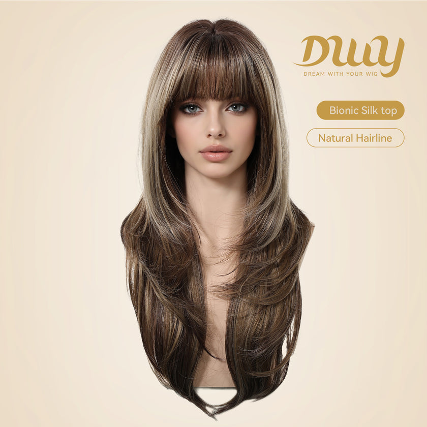 Riley- New! DWY Bionic Silk Top 26-Inch Long Body Wave Layer-cut Brown Balayage Glueless Synthetic Wig with Bangs for Women High-Quality Premium Fiber Easy Wear Comfortable Fit Summer Look
