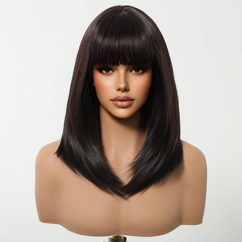 【Year End Sale】Dwy Chic Chin-Length Layered Brown Synthetic Wig with Bangs