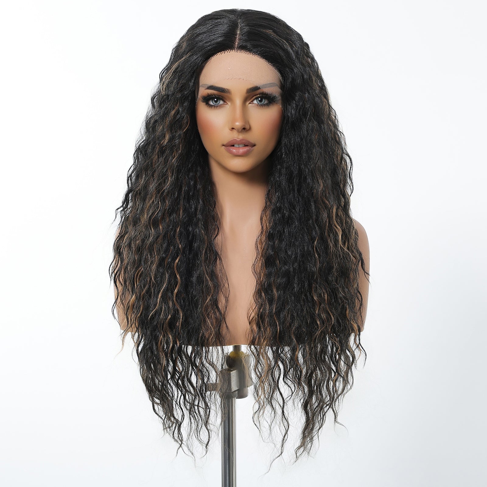 DWY Dark Brown Highlighted Curly T-Part Lace Wig for Black Women
