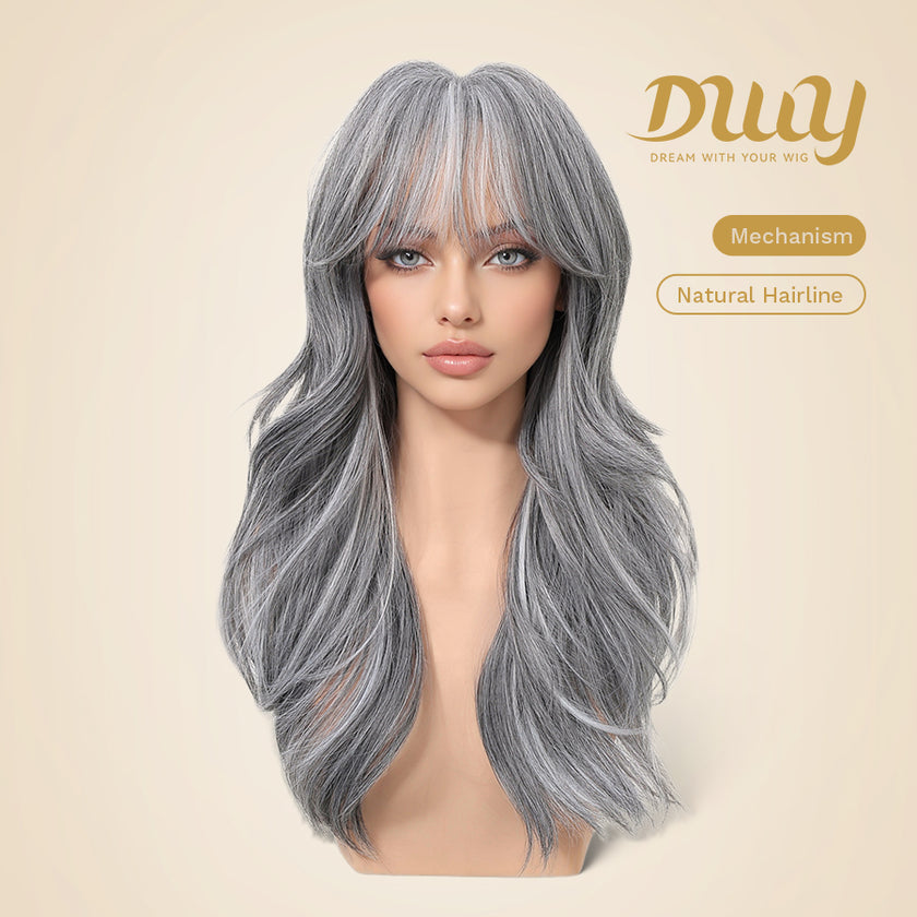 Darcy-DWY Machine Made Long-length Body Wave Grey with White Highlights Large Area Glueless Synthetic Wig for Women 24 Inches