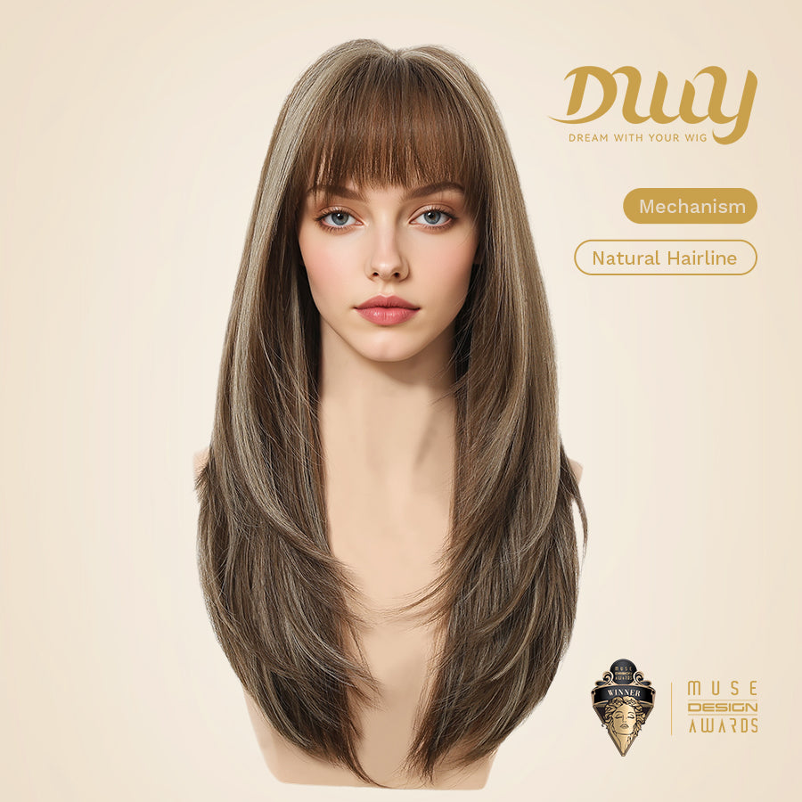 Tina- DWY NEWIN Long-length Layer-cut Straight with Air Bangs Linen Brown with Highlights Glueless Synthetic Wig