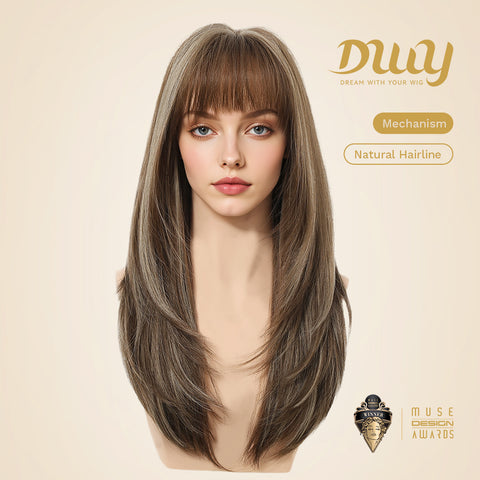 Tina- DWY NEWIN Long-length Layer-cut Straight with Air Bangs Linen Brown with Highlights Glueless Synthetic Wig