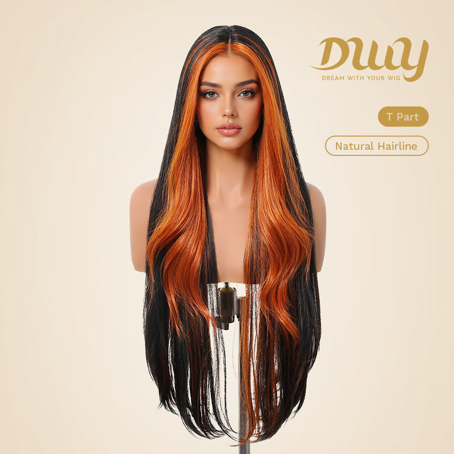 Mina C-DWY Lace Front Middle Part Long Body Wavy Orange Ombre Glueless Synthetic Wig