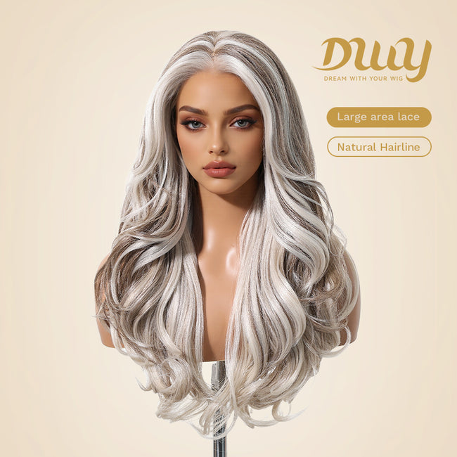 Abbie-DWY 13×6 LFilter Lace Free Part Wavy Platinum Blonde Glueless Synthetic Wig