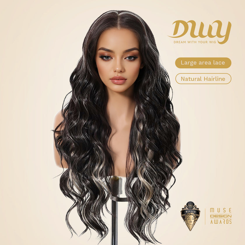 [CLEARANCE SALE] Odalys -DWY New Arrival 13×4 Lace Front Free Part Long-Length Curly Natural Brown with White Highlights Baby Hairline Glueless Synthetic Wig for Women 26 Inches