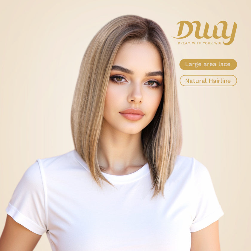 Ellie C-DWY 13×6 Lace Front Free Part Mid-Length Straight Rooted Ash Blonde Glueless Synthetic Wig for Women 16 Inches