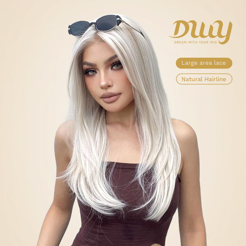 Chicago-DWY Lace Front 13×6 Free Part Arctic Blonde Highlight Natural Wavy Synthetic Wig