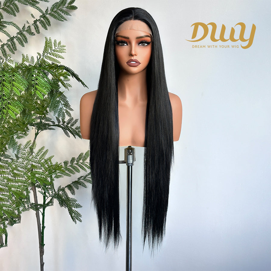 [CLEARANCE SALE] Jenner -DWY Lace Front Long Natural Black Middle Part Glueless Synthetic Wig for Women 30 Inches Straight Full Voluminous Classic Style